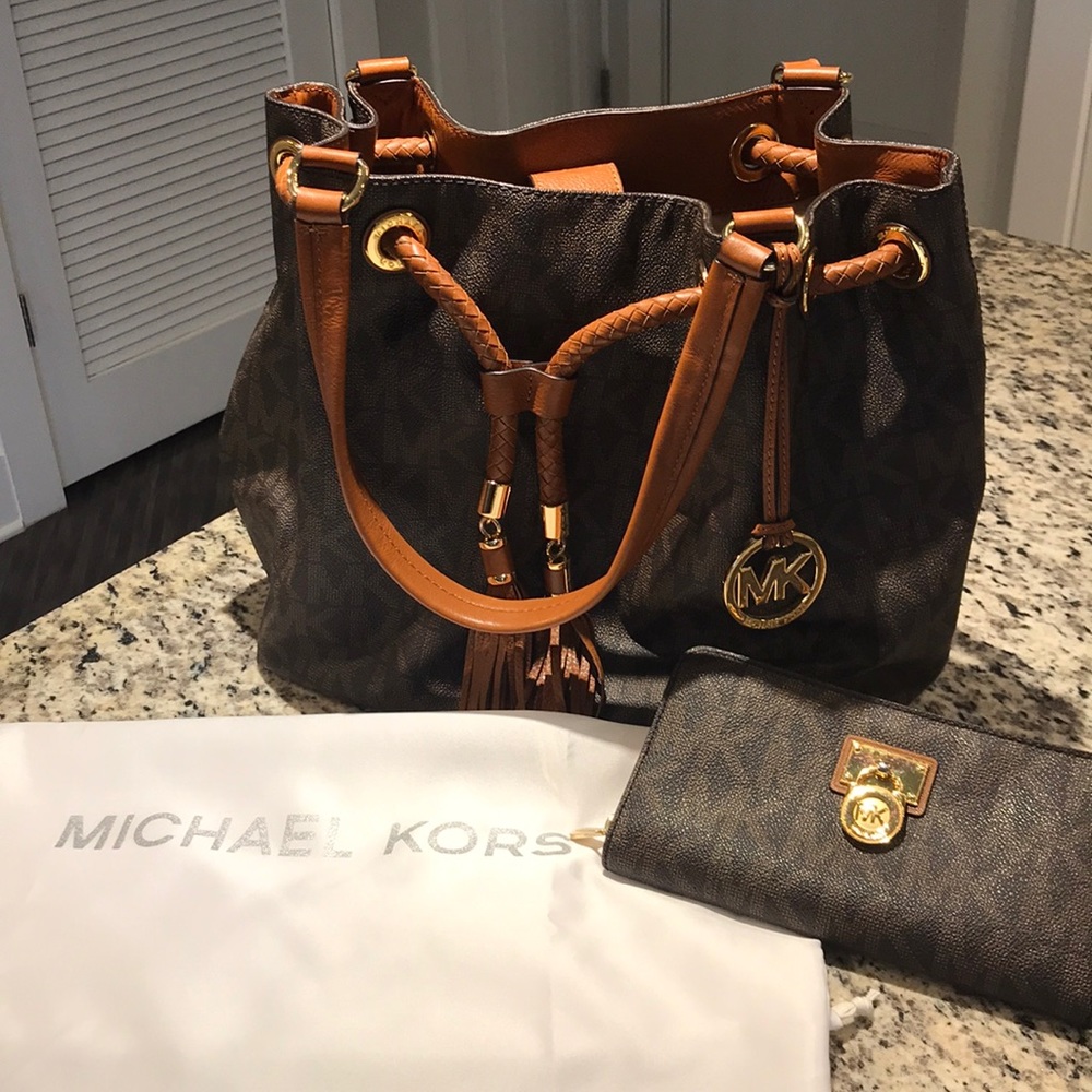 Michael Kors Brown & Tan Logo Drawstring Shoulder Bag with Matching Wallet